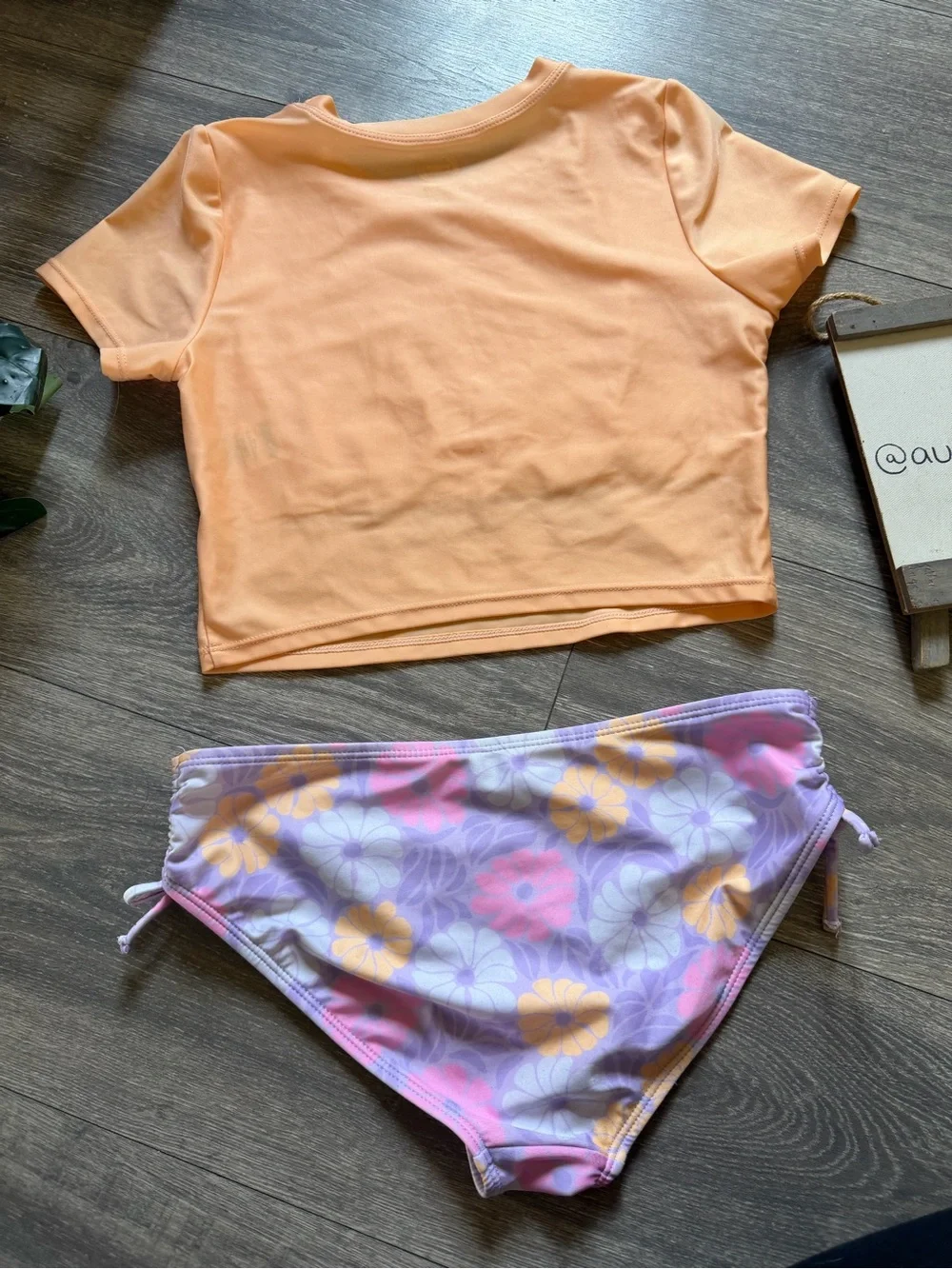 Wonder Nation Peach & Lavender Floral 'Peace' Rash Guard Swim Set. Size L 10-12